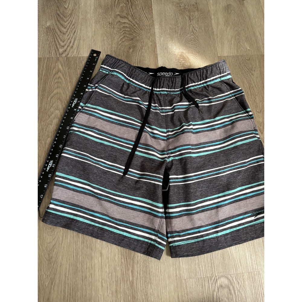Speedo Mens Swim Shorts Gray Teal Striped Board Trunks Size Small S 1125254